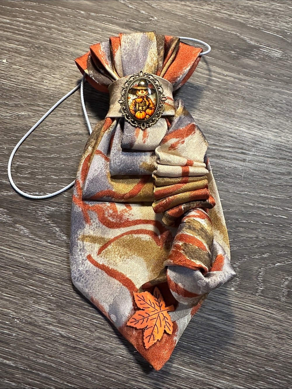 Cyril's Fall Colored Necklace Tie with Scarecrow Brooch and Leaf Accent